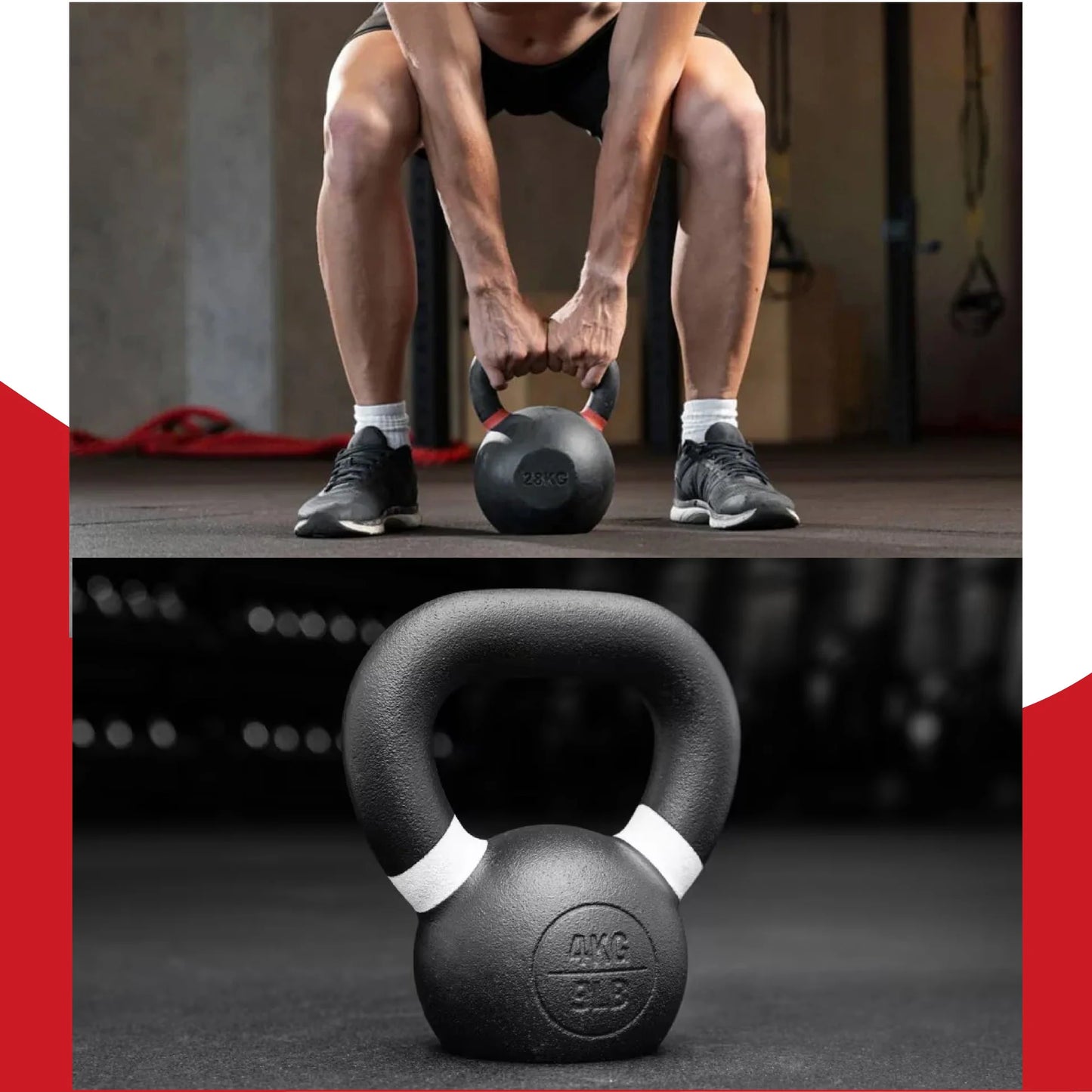 Person lifting a kettlebell with a close-up of the kettlebell below.
