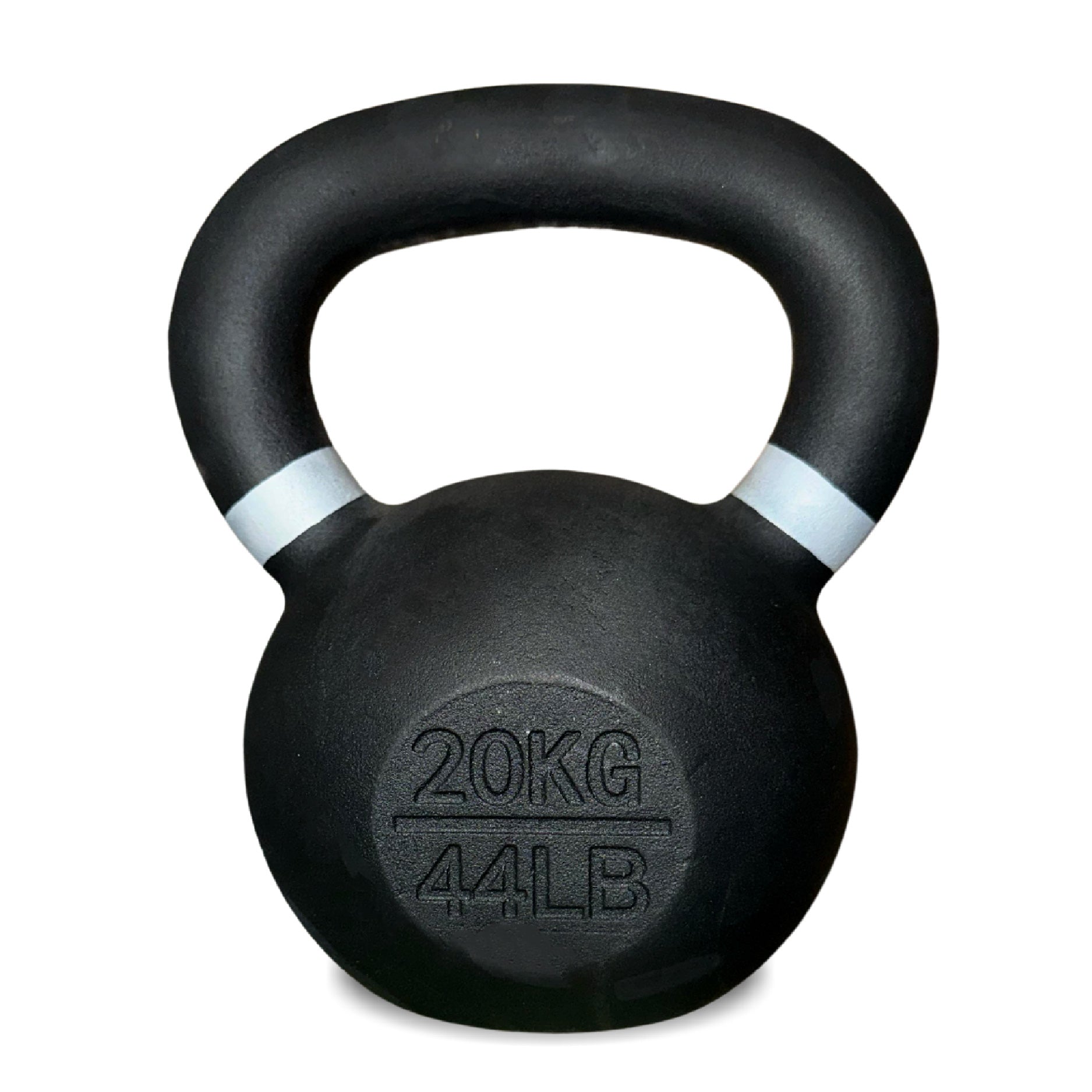 Black kettlebell with '20KG' and '44LB' marking on a white background