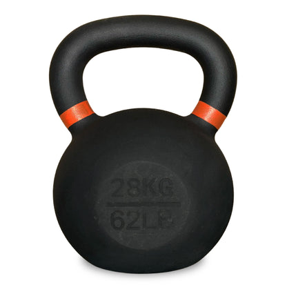 Black kettlebell with orange accents on a white background