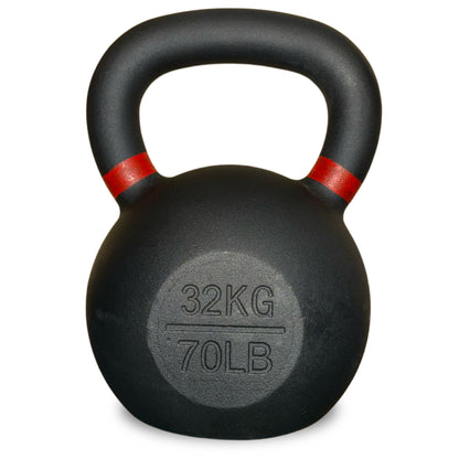 Black kettlebell with red accents and weight marking on a white background