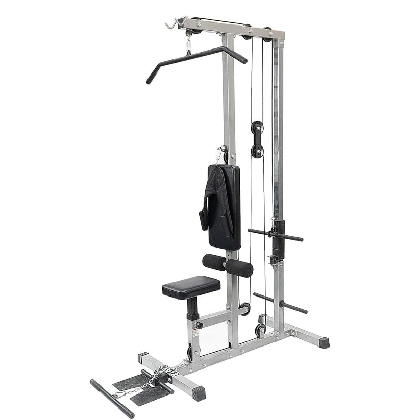 Gym equipment with various attachments on a white background