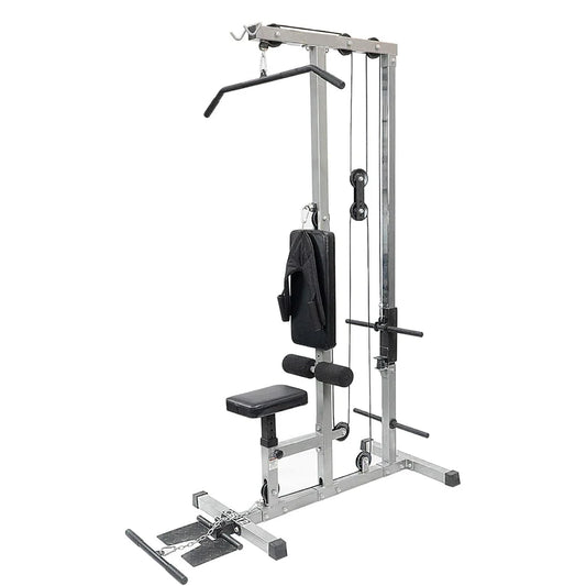 Gym equipment with various attachments on a white background