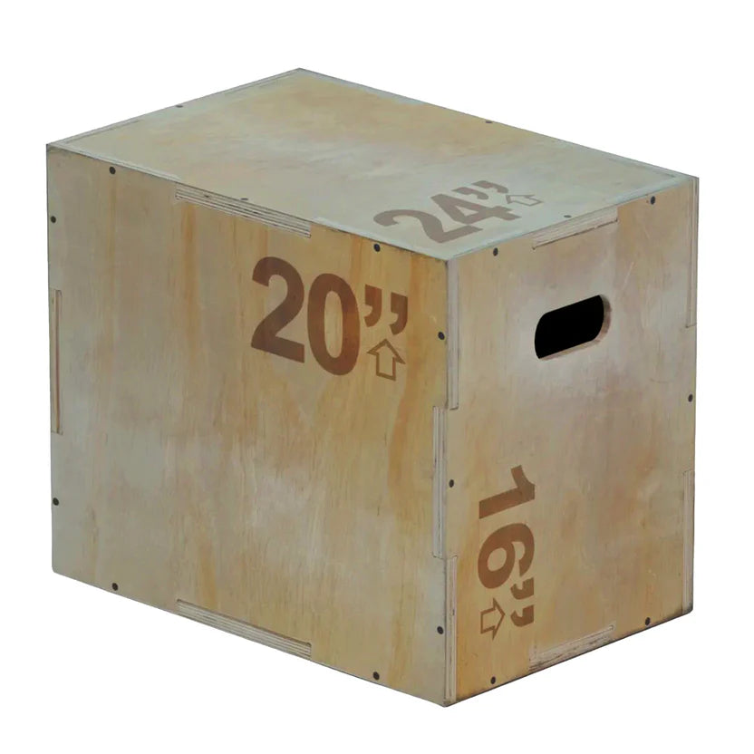 Wooden plyometric box with measurements on a white background
