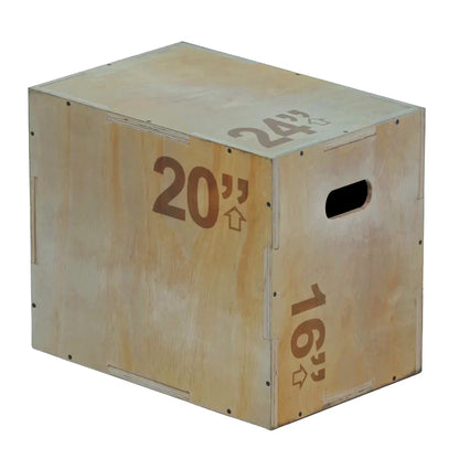 Wooden plyometric box with measurements on a white background