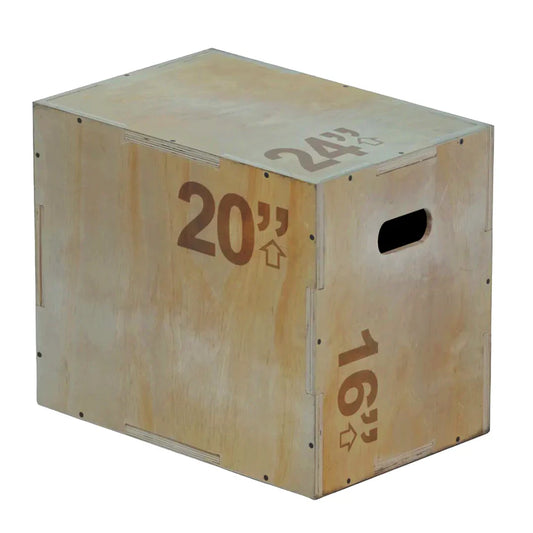 Wooden plyometric box with measurements on a white background