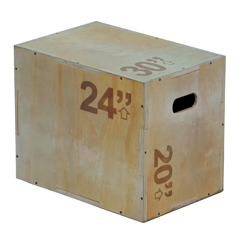 Wooden plyometric box with measurements on a white background