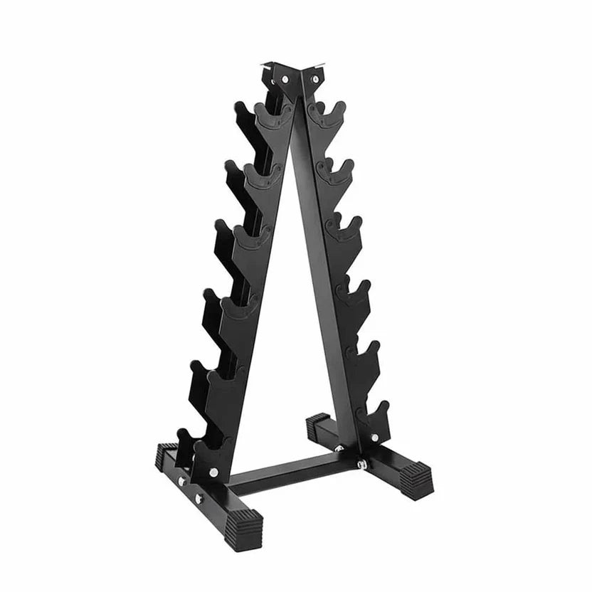 Black weight plate rack on a white background