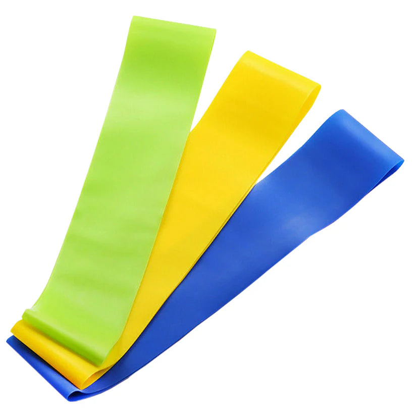 Three resistance bands in green, yellow, and blue on a white background