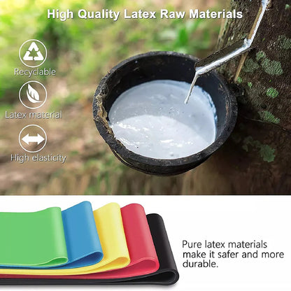 Latex being extracted from a tree with colorful resistance bands below.