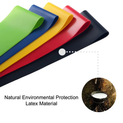 Five sheets of different colored latex material with a close-up of a natural rubber tree leaf.