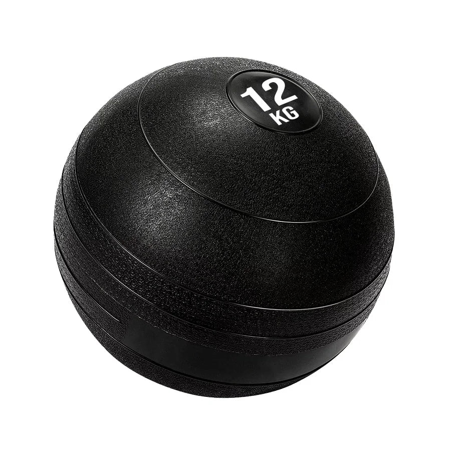 Black exercise ball with '12 KG' label on a white background