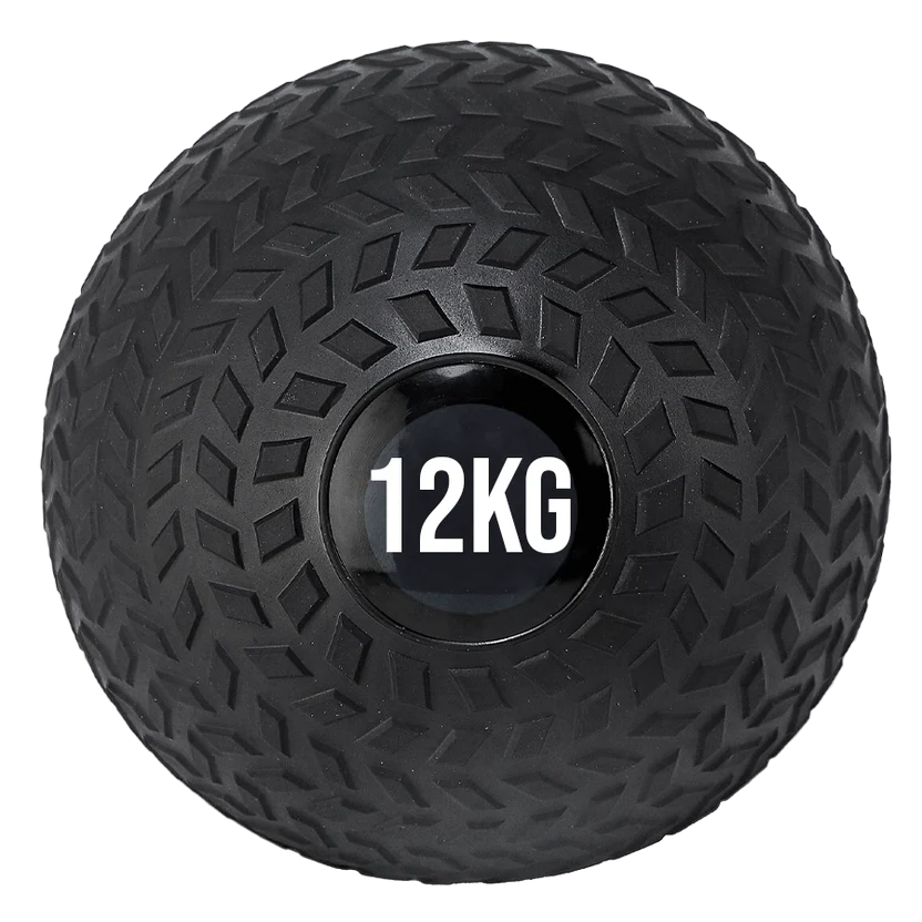 Black exercise ball with '12KG' marking on a white background