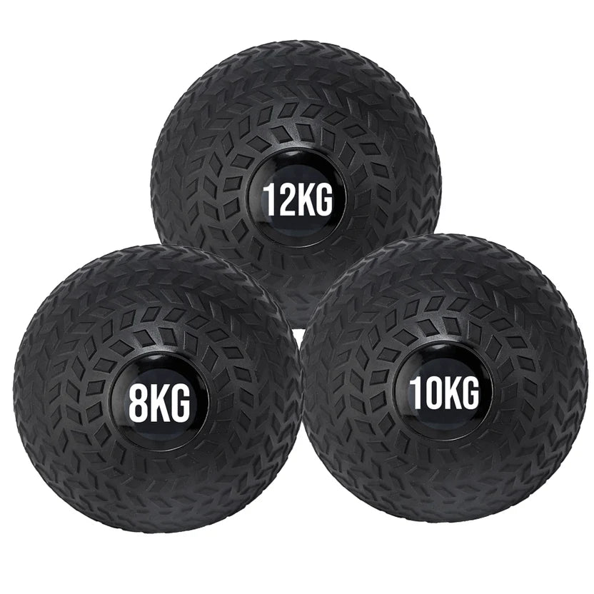 Three black textured dumbbells with weight markings on a white background