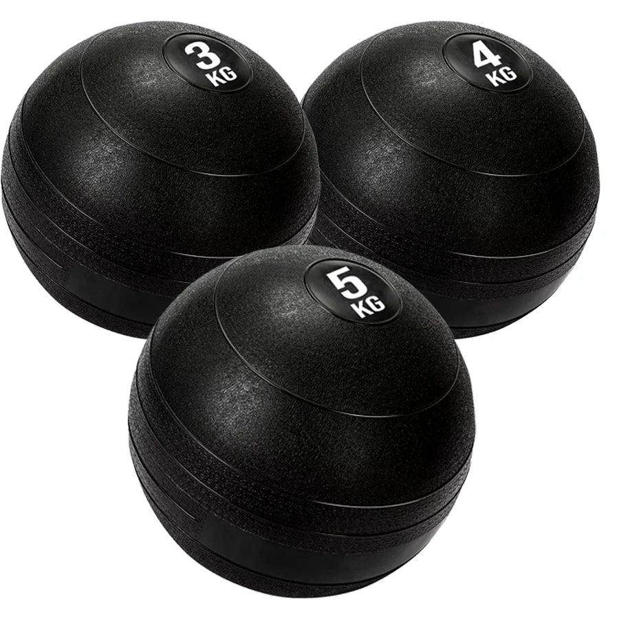 Three black weighted exercise balls with 3kg, 4kg, and 5kg labels on a white background.