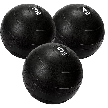 Three black weighted exercise balls with 3kg, 4kg, and 5kg labels on a white background.