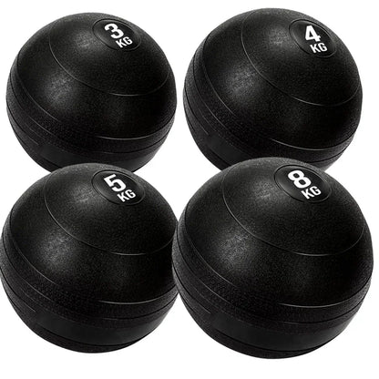 Four black exercise balls with weight markings on a white background