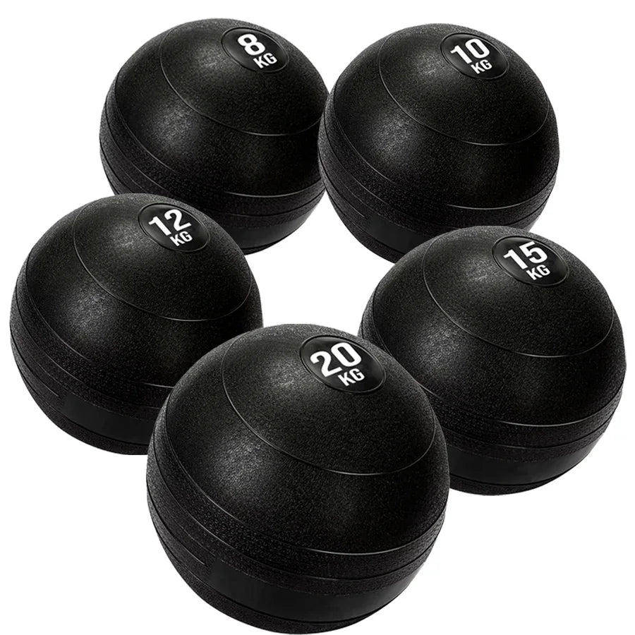 Set of black exercise balls with weight markings on a white background