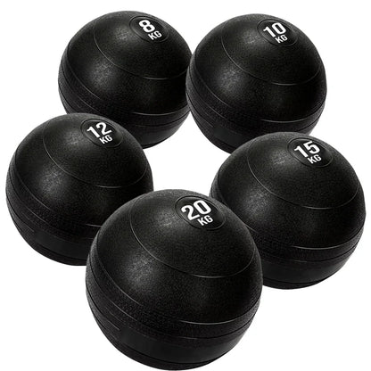 Set of black exercise balls with weight markings on a white background