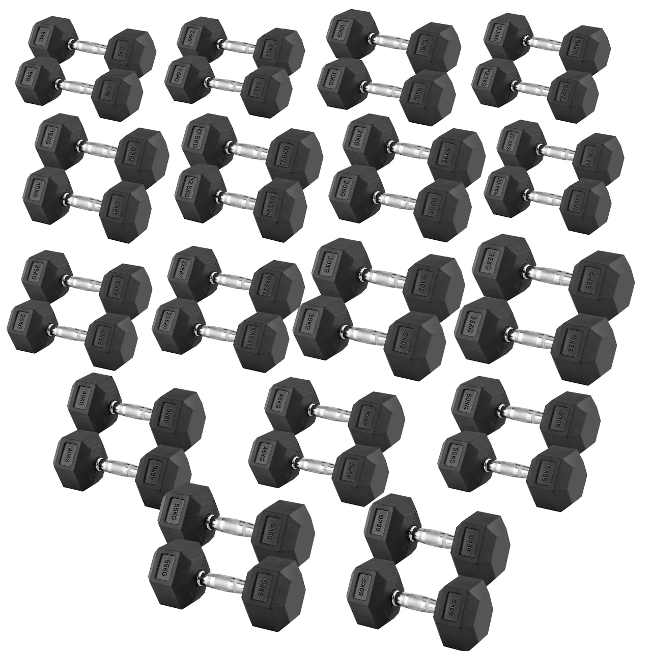 Hex Dumbbells 2.5kg–60kg – Pairs Available – Rubber Coated Anti Roll Weights with Chrome Handles – Full Dumbbell Range for Strength Training at Home or Studio