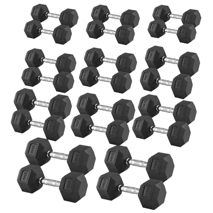 Hex Dumbbells 2.5kg–60kg – Pairs Available – Rubber Coated Anti Roll Weights with Chrome Handles – Full Dumbbell Range for Strength Training at Home or Studio