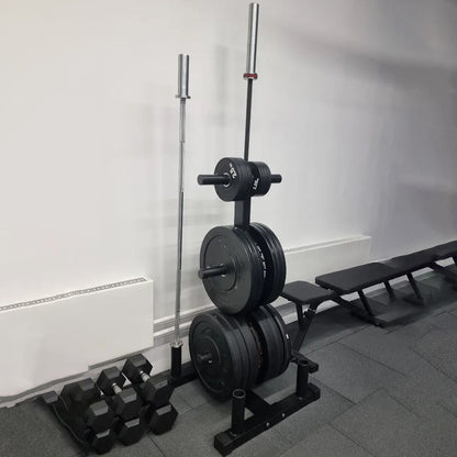 Premium 3 Tier Olympic Weight Tree and Bar Stand Heavy Duty 200kg Capacity Rack with Dual Barbell Holders Compact Scratch Resistant Gym Storage System