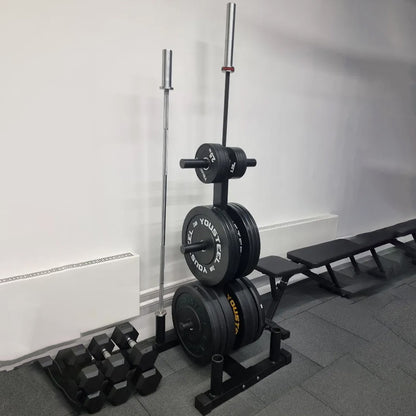 Premium 3 Tier Olympic Weight Tree and Bar Stand Heavy Duty 200kg Capacity Rack with Dual Barbell Holders Compact Scratch Resistant Gym Storage System
